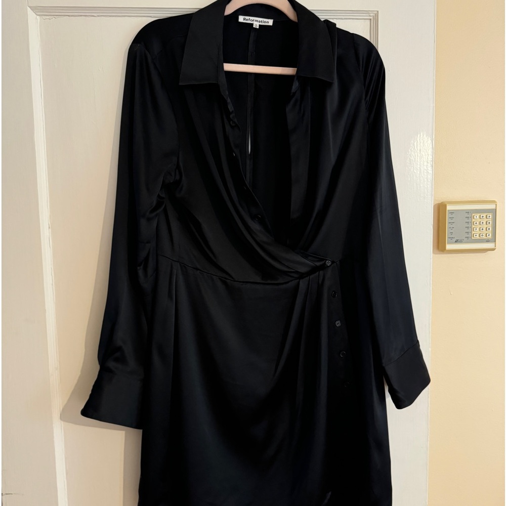 Reformation black silk wrap shirt dress